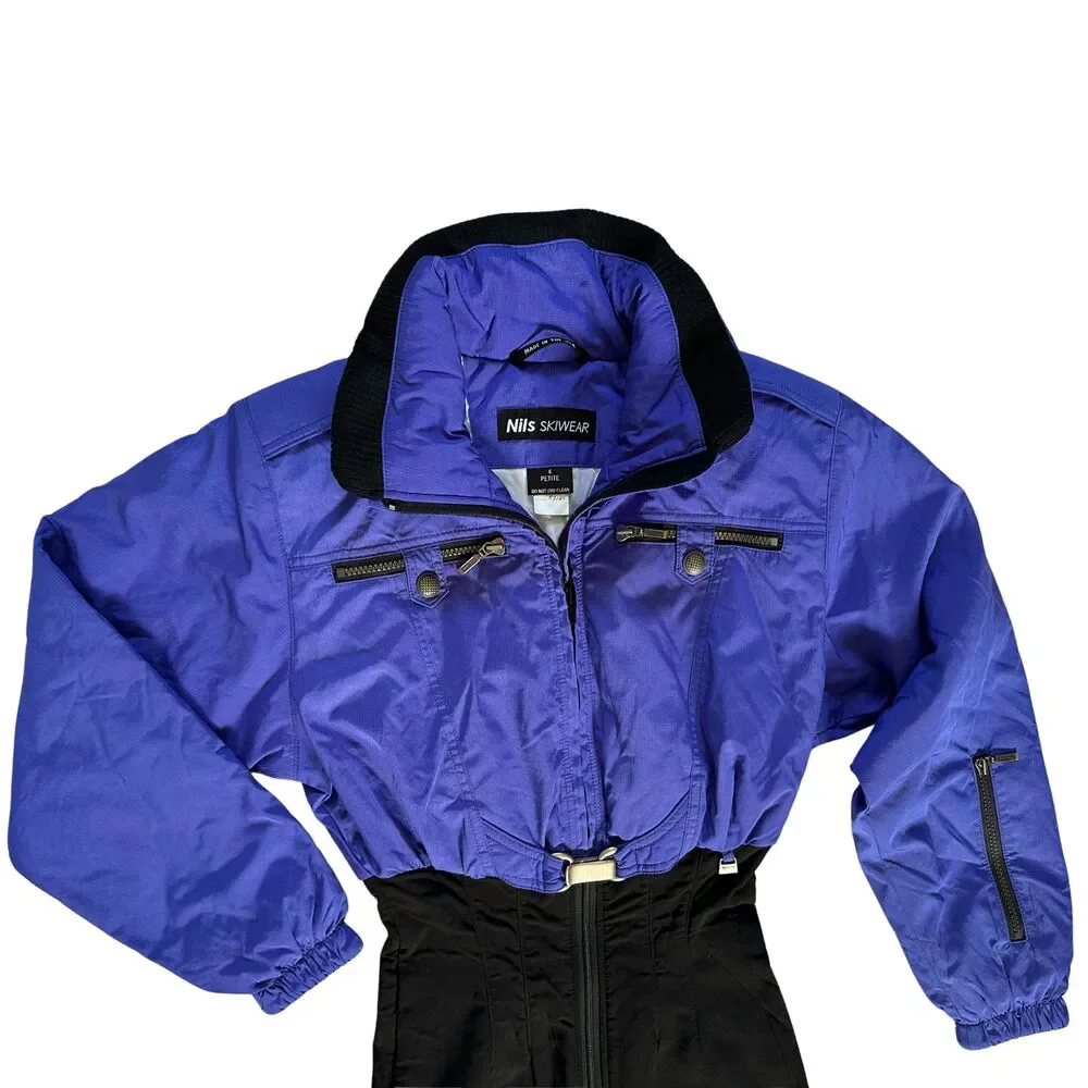 Vintage Nils Skiwear One Piece Ski Suit 4 Petite Purple Black 90s Made in USA⁠